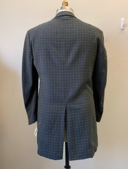 Mens, Suit, Jacket, MALBI, Navy Blue, Yellow, Wool, Grid , 44 XL, Notched Lapel, Collar Attached, 4 Buttons, 3 Pockets (90's Zoot Suit)
