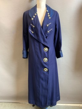 LA VOGUE, Navy Blue, Silk, Solid, Faille, Ankle Length, Large Rounded Lapel, 3 Oversized Butter Yellow, Black and White Buttons, Smaller Decorative Buttons on Collar, Folded Cuffs, **Fabric is Worn at Cuffs/Collar