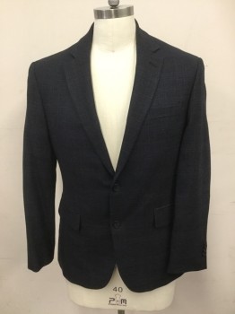 KENNETH COLE, Black, Navy Blue, Wool, Spandex, Plaid, Black with Navy Plaid, Single Breasted, Collar Attached, Notched Lapel, 3 Pockets, 2 Buttons