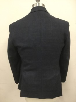 KENNETH COLE, Black, Navy Blue, Wool, Spandex, Plaid, Black with Navy Plaid, Single Breasted, Collar Attached, Notched Lapel, 3 Pockets, 2 Buttons