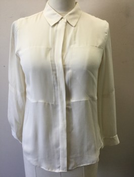 THEORY, White, Silk, Solid, Chiffon, Long Sleeve Button Front, Collar Attached, Square Self Panels at Center Front Bust, Stain  Dots On Right Shoulder See Detail Photo,