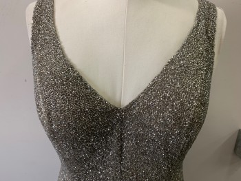 Womens, Cocktail Dress, N/L, Gray, Silver, Silk, Beaded, Solid, 34, 38, 40, Double V-neck, Sleeveless, Side Zipper, Heavy Silver Beading Throughout
