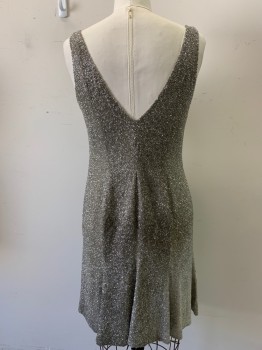 N/L, Gray, Silver, Silk, Beaded, Solid, Double V-neck, Sleeveless, Side Zipper, Heavy Silver Beading Throughout