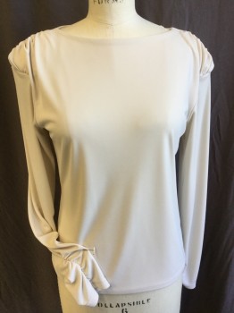 BANANA REPUBLIC, Dk Beige, Polyester, Solid, Wide Neck, Gathered at Shoulder,  Long Sleeves with Inside Short Gathered