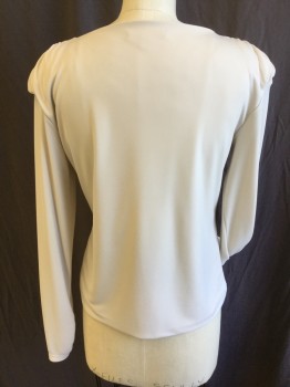 BANANA REPUBLIC, Dk Beige, Polyester, Solid, Wide Neck, Gathered at Shoulder,  Long Sleeves with Inside Short Gathered