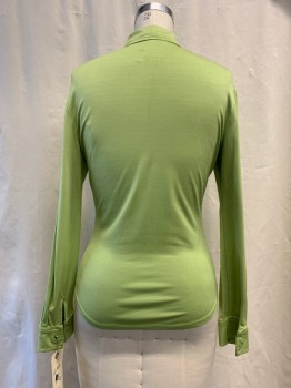 LIP GLOSS, Lime Green, Synthetic, Solid, Button Front, Collar Attached, Long Sleeves, 1990's