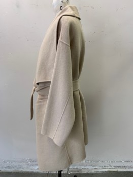ALL SAINTS, Tan Brown, Wool, Polyester, Solid, Wide Draped Collar, Double Breasted, No Closures MATCHING TIE BELT, 2 Pockets, Belt Loops,