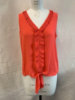 Womens, Top, CHELSEA 28, Coral Orange, Polyester, Solid, L, Sleeveless, V-neck, Pleated Ruffle at Neck and Down Front, Tie at Waist