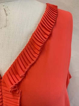 Womens, Top, CHELSEA 28, Coral Orange, Polyester, Solid, L, Sleeveless, V-neck, Pleated Ruffle at Neck and Down Front, Tie at Waist