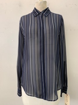 Womens, Blouse, ANN TAYLOR, Navy Blue, Lt Blue, White, Sage Green, Synthetic, Stripes - Vertical , S, Sheer, Button Front, Collar Attached, Long Sleeves,