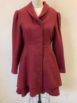 HOT TOPIC, Red Burgundy, Wool, Tweed, Rounded Collar, Zip Front, & Button Front, A-Line, 2 Layer Ruffle Hem, Lace Up Back