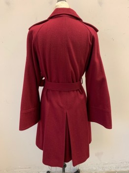 KENAR, Red Burgundy, Wool, Polyester, with Matching Belt, Collar Attached, Single Breasted, Button Front, Epaulets, 2 Pockets, Single Back Vent