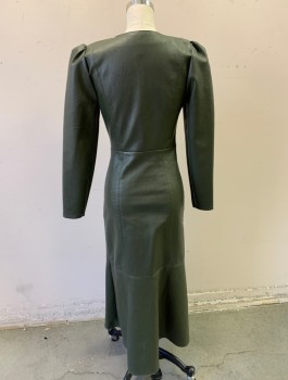 Womens, Dress, Long & 3/4 Sleeve, ASOS, Dk Olive Grn, Faux Leather, Solid, 0, Puffy Sleeves Gathered at Shoulders, V-neck with Exposed Gold Zipper at Front, Ruching Along Zipper at Waist, Mid Calf Length, Fitted, Slit/Vent at Center Front Hem to Knee Level