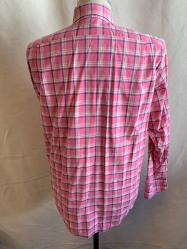 Mens, Casual Shirt, LACOSTE, Pink, Navy Blue, Lt Yellow, Lt Blue, Cotton, Plaid, 15.75, M, Button Front, Button Down Collar, Long Sleeves, 1 Pocket,