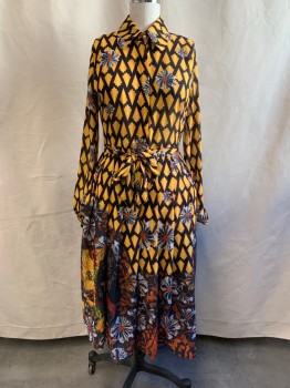 Womens, Dress, Long & 3/4 Sleeve, BEULAH, Yellow, Black, Red, White, Polyester, Geometric, Floral, L, Yellow Arrows with Black/White/Red Flowers, Button Front Top with Hidden Placket, Collar Attached, Sheer Top, Long Sleeves, Rolled Back Button Cuff, Pleated Skirt, Self Belt, Hem Below Knee, Skirt Lined, Side Zip