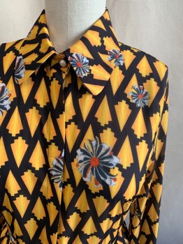 Womens, Dress, Long & 3/4 Sleeve, BEULAH, Yellow, Black, Red, White, Polyester, Geometric, Floral, L, Yellow Arrows with Black/White/Red Flowers, Button Front Top with Hidden Placket, Collar Attached, Sheer Top, Long Sleeves, Rolled Back Button Cuff, Pleated Skirt, Self Belt, Hem Below Knee, Skirt Lined, Side Zip