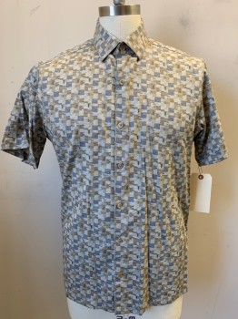 Mens, Casual Shirt, HART SCHAFFNER MARX, Ecru, Brown, Khaki Brown, Dk Gray, Taupe, Cotton, Lyocell, Geometric, M, Short Sleeves, Button Front, Collar Attached,