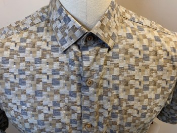 Mens, Casual Shirt, HART SCHAFFNER MARX, Ecru, Brown, Khaki Brown, Dk Gray, Taupe, Cotton, Lyocell, Geometric, M, Short Sleeves, Button Front, Collar Attached,