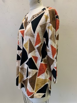 Womens, Blouse, Alfred Dunner, Beige, Brown, Black, Red-Orange, Dijon Yellow, Cotton, Spandex, Triangles, M, L/S, Scoop Neck with V Cut, Black Gems on Collar
