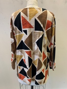 Womens, Blouse, Alfred Dunner, Beige, Brown, Black, Red-Orange, Dijon Yellow, Cotton, Spandex, Triangles, M, L/S, Scoop Neck with V Cut, Black Gems on Collar