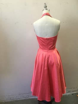 Womens, Cocktail Dress, CANDICE GWINN, Coral Orange, Poly/Cotton, Spandex, Solid, B32, 2, W24, Retro 50's Style, Stretch Cotton Satin, Halter with Pleated Detail at Bust Line Front, Fitted Bodice, Circular Cut Skirt, CB Zipper,
