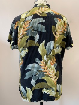 Mens, Casual Shirt, TOMMY BAHAMA, Black, Moss Green, Olive Green, Orange, Gray, Silk, Floral, XXL, S/S, B.F., C.A., Patch Pocket