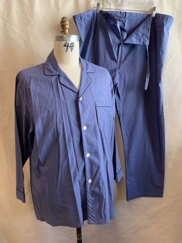 Mens, Sleepwear PJ Top, BROOKS BROTHERS, Blue, Navy Blue, Cotton, Solid, XL, SHIRT, Collar Attached, Button Front, Long Sleeves, Notched Lapel, 1 Pocket, Navy Pipe Trim