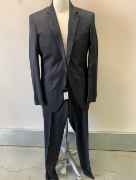 HUGO BOSS, Charcoal Gray, Wool, Polyester, Solid, Notched Lapel, 2 Button Front, 3 Pockets  2 Vent Back Pockets