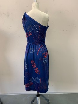 WARREN Z, Dk Blue, Red, Beige, Polyester, Hawaiian Print, Asymmetrical Neck, Ties on One Shoulder, Elastic Waistband,