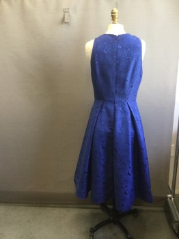 Womens, Cocktail Dress, MAGGY LONDON, Navy Blue, Acetate, Floral, B34, 6, W28, Rose Jacquard Brocade Pattern Crew Neck, Sleeveless, Fitted at Waist, Full Skirt Pleated at Waist with Tulle Underskirt Zipper Center Back,