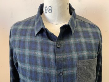 7 DIAMONDS, Navy Blue, Forest Green, Dk Gray, Cotton, Plaid-  Windowpane, L/S, Button Front, Solid Gray Breast Pocket and Yoke,