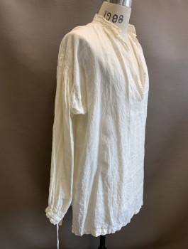 DARCY, Off White, Linen, Solid, L/S, Pullover, Band Collar with Deep V Notch, Oversized, Working Class, Reproduction, Pirate