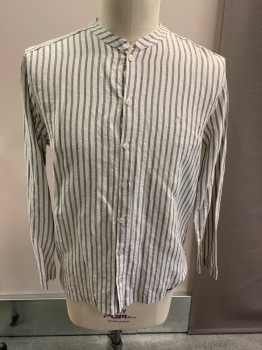 Mens, Pajama Top, HANRO, Dove Gray, Dk Blue, Linen, Cotton, Stripes - Vertical , L, L/S, Mandarin/ Nehru Collar, Buttons