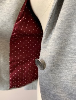 Womens, Blazer, CLUB ROOM, Heather Gray, Polyester, Viscose, XS, Jersey, Single Breasted, Notched Lapel, 1 Button, Fitted, 2 Welt Pockets, Maroon Polka Dot Lining