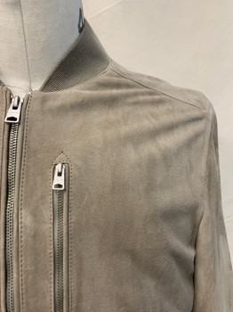 Mens, Casual Jacket, ALL SAINTS, Beige, Suede, Modal, Solid, L, Elastic Band Collar,  Zip Front, 3 Zip Pockets