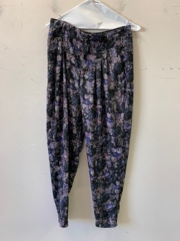 Womens, Pants, Kimchi Blue, Black, Purple, Gray, Pink, Dk Green, Polyester, Floral, 6, Pleated, Side Pockets, Zip Front, Belt Loops
