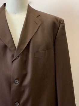 NO LABEL, Brown, Wool, Solid, 4 Buttons, Single Breasted, Notched Lapel, 3 Pockets