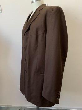 NO LABEL, Brown, Wool, Solid, 4 Buttons, Single Breasted, Notched Lapel, 3 Pockets