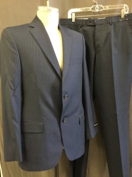 SAKS FIFTH AVENUE, Navy Blue, Royal Blue, Wool, Stripes, Single Breasted, 2 Buttons,  Notched Lapel, 3 Pockets, Group Stripe of Solid and Broken Pinstripes, Slightly Scratchy Stiff Wool
