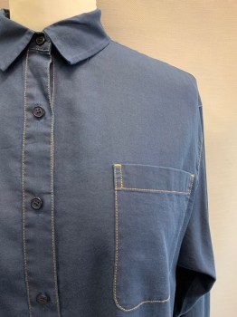 LAFAYETTE 148, Navy Blue, Cotton, Solid, L/S, Button Front, Collar attached, Chest Pocket, Brown Stitching
