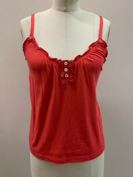 Womens, Top, JUICY, Red, Cotton, Modal, Solid, S, Slvls, Adjustable Straps, Ruffle Trim, Tiny 3 Button Placket Cf