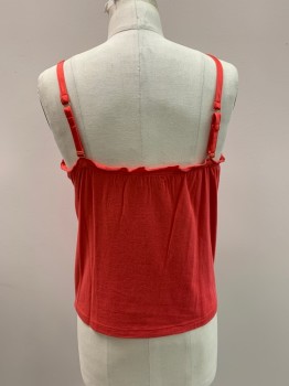 Womens, Top, JUICY, Red, Cotton, Modal, Solid, S, Slvls, Adjustable Straps, Ruffle Trim, Tiny 3 Button Placket Cf