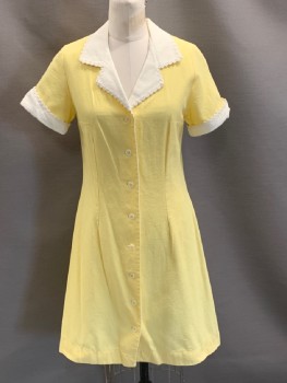 NL, Yellow, Off White, Cotton, Solid, Uniform, C.A., S/S, Solid Collar & Cuff with Rick Rack Trim, Hem Above Knee, Multiples