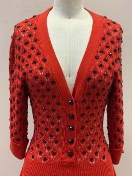 MARC JACOBS, Red, Black, Cotton, Silk, Cable Knit, Dots, 3/4th Sleeves, V Neck, Knit Top With Black Gems, B.F., Flared Bottom,