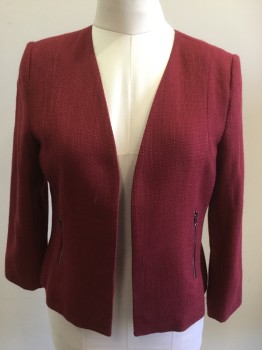 Womens, Blazer, CONTEMPORAINE, Cranberry Red, Acrylic, Polyester, Solid, 8, Open Front, No Collar, L/S, 2 Zip Pockets