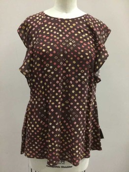 Womens, Top, ULLA JOHNSON, Brown, Lt Brown, Pink, Silk, Geometric, XS, Brown with Lt Brown/pink Geo Rhinestone Like Print, Round Neck, Sleeveless, Lace Up Sides