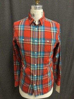 OLD NAVY, Red, Turquoise Blue, Yellow, White, Navy Blue, Cotton, Plaid, Flannel, L/S, Bttn Down Collar, B.F., 2 Pckts,