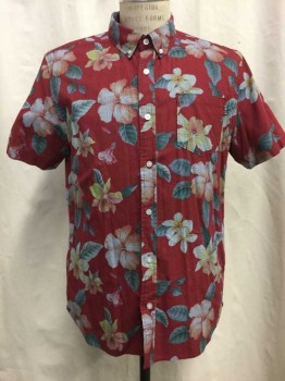 HUF, Red, Multi-color, Cotton, Houndstooth, Tropical , Red with Micro Hounds Tooth, Large Colorful Tropical Floral Print. Button Down Collar, Short Sleeve,  1 Pocket,