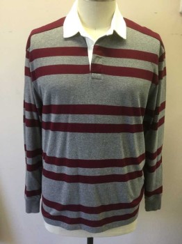 J CREW, Red Burgundy, Gray, White, Cotton, Stripes, Burgundy/Gray Stripe, Long Sleeves, White Collar, Ribbed Knit Gray Cuff, Reinforced Burgundy Shoulders
