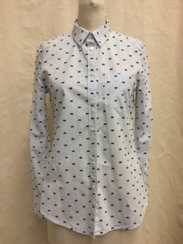 GAP, Baby Blue, White, Navy Blue, Green, Cotton, Stripes, Geometric, Button Front, Collar Attached,  Long Sleeves, 1 Pocket, Navy/green Woven Rectangle Print